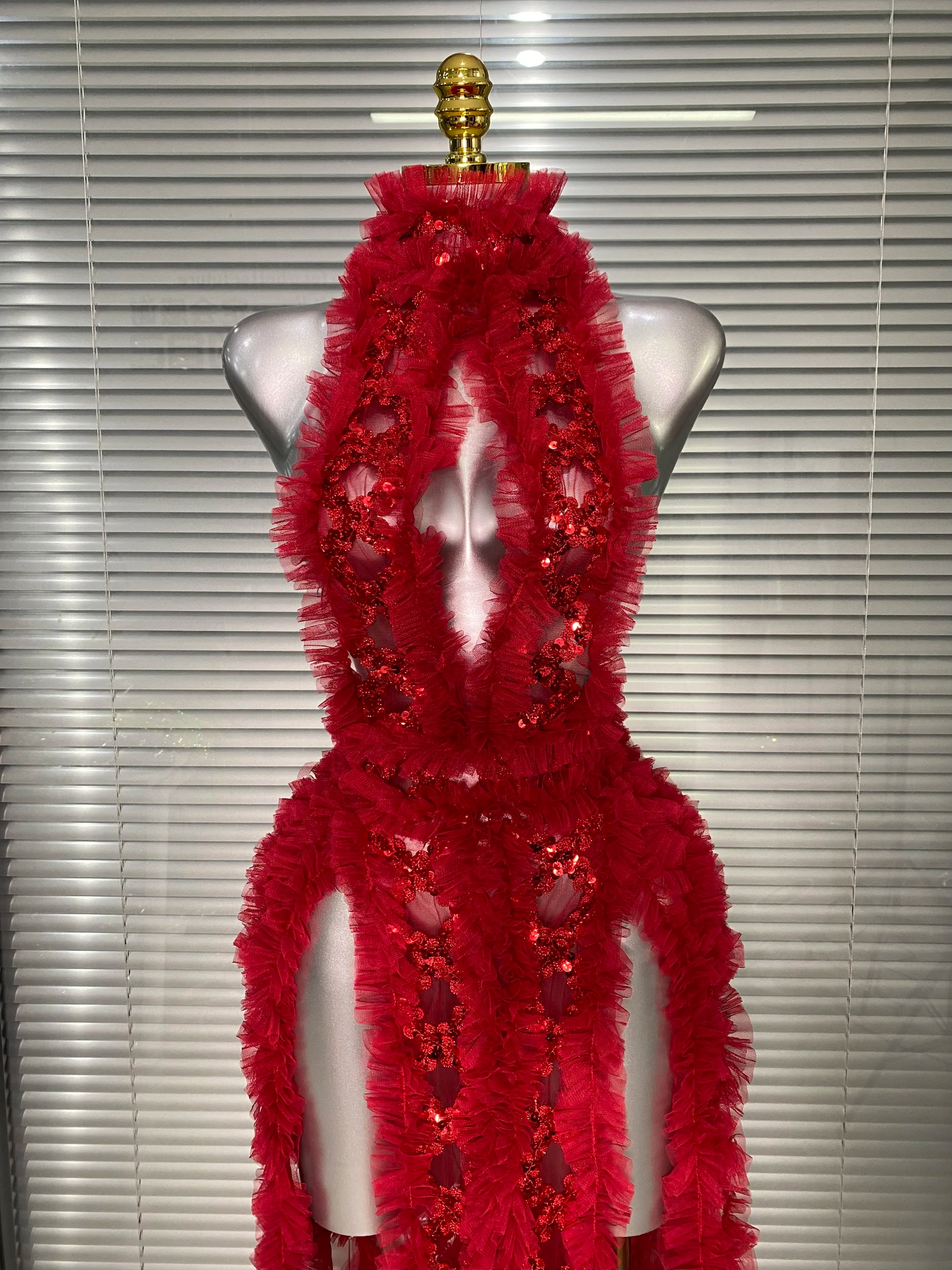 Ins New Women Sexy See Through Sequins Sparkly Red Pink Long Maxi Dress Party Costume Singer Stage Performance Dress