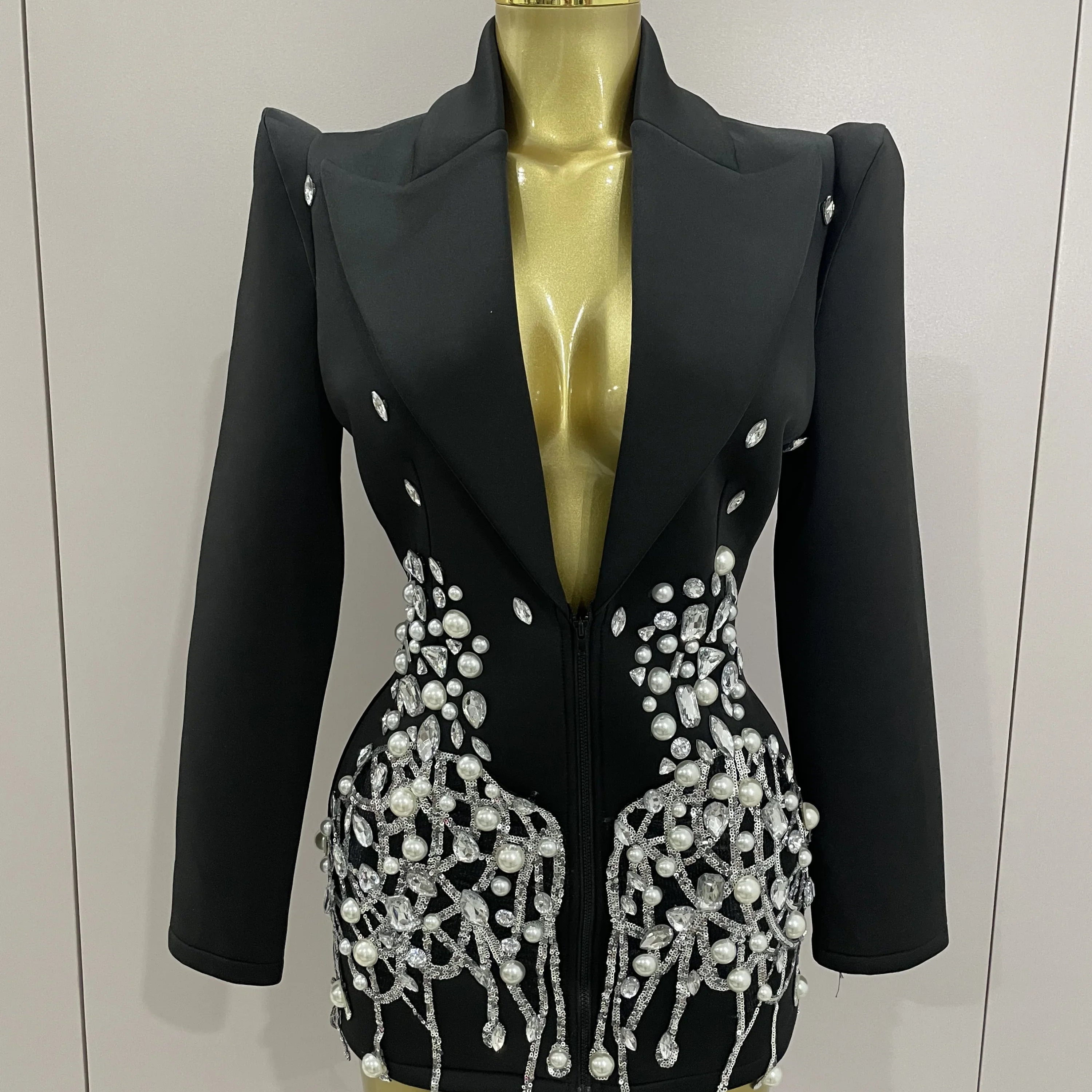 Sparkly Crystal Chains Pearls Long Sleeve Mini Dress 2025 Women Birthday Evening Party Nightclub Outfit Singer Wedding Costume