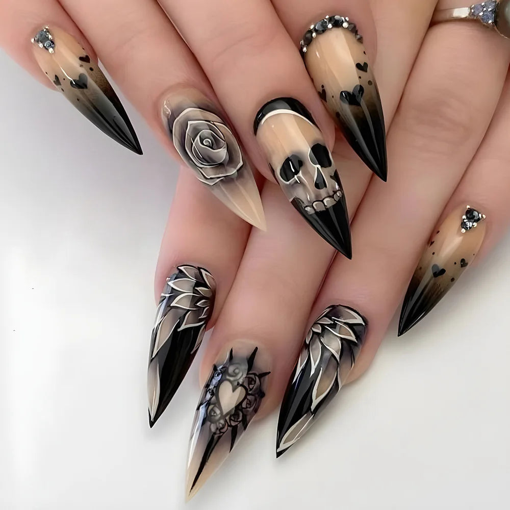 24pcs Black Bat Printed Fake Nails Halloween White Ghost Pattern False Nails for Women Wearable European Almond Press on Nails
