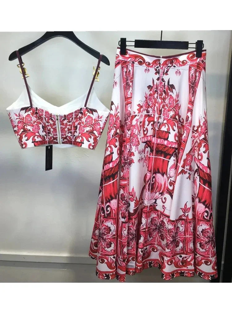 Summer Holiday Blue And White Porcelain Two Piece Set Women's Spaghetti Strap Padded Cup Zipper Print Short Top+Long Skirt Suits