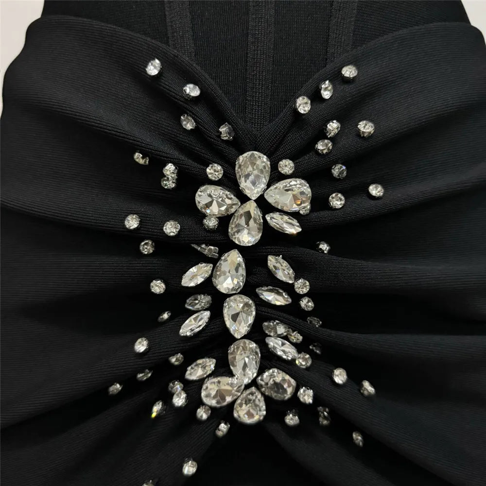 Black Color Women Long Sleeve Square Collar Shinning Crystal Bodycon Bandage Long Dress Celebrate Evening Party Prom Dress