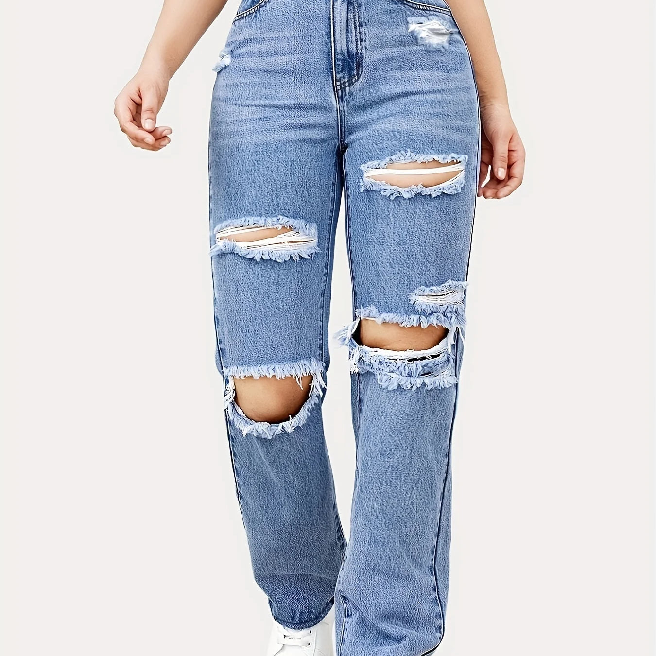 Blue Ripped Baggy Straight Jeans, Slash Pockets Distressed High Waist Loose Fit Denim Pants, Women's Denim Jeans & Clothing