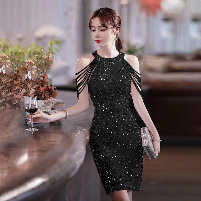 Short Sexy Sequin Robe Cocktail Dress Elegant Women Party Midi Mermaid Dress Vestido Formal Dresses black