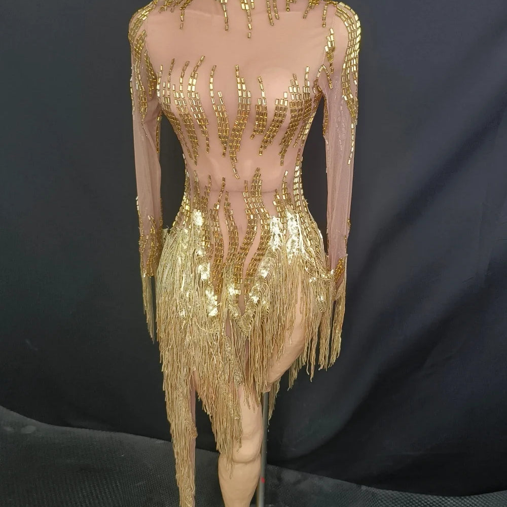 Women Sexy Mesh Gold Crystal Stretchy Night Club See Through Singer Dancer Tassel Stage Costume Mini Party Dress