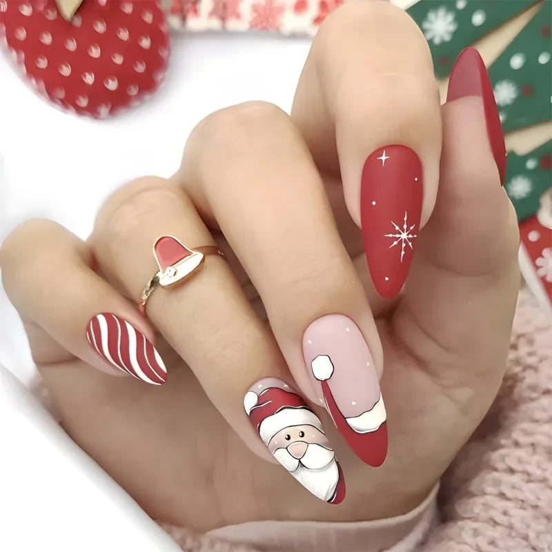 24Pcs Christmas Press-On Nails Collection Almond-Shaped Red French with Santa Claus Design Fake Nails Perfect for Gift To Women