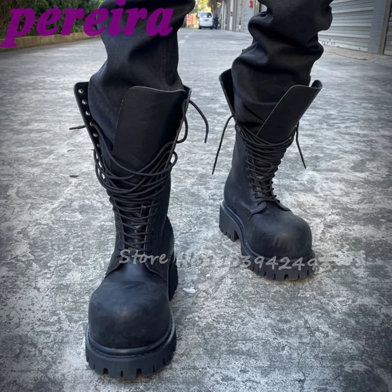 Lace Up Boots Big Round Toe Botas Women Man Luxury Designer Shoes Autumn Winter Booties 2025 Zapatos De Mujer Solid Sarpe New