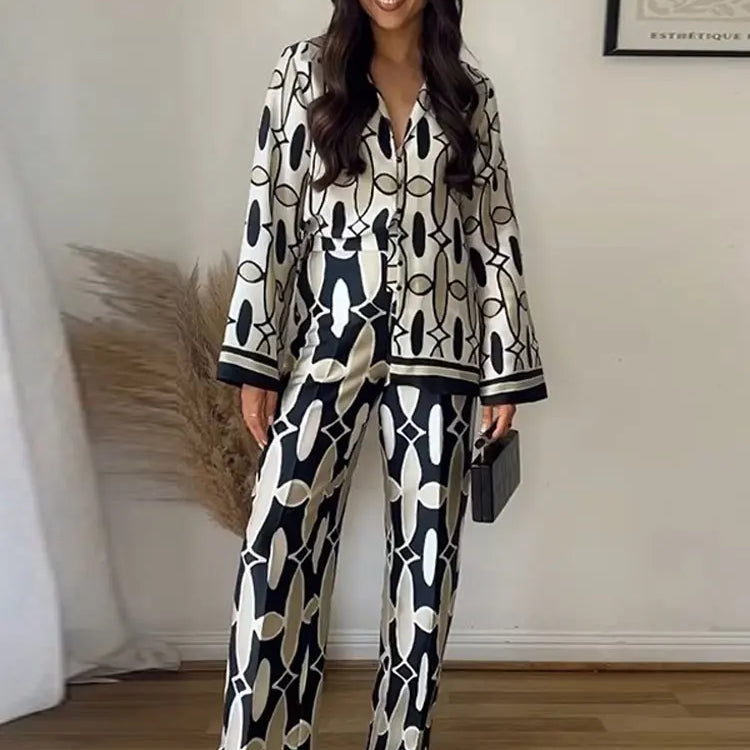 Fashion Print Sequin Shirt 2 Piece Sets For Women Loose Lapel Long Sleeves Top Wide Leg Pants Suits Lady Elegant Outfits Suit 2