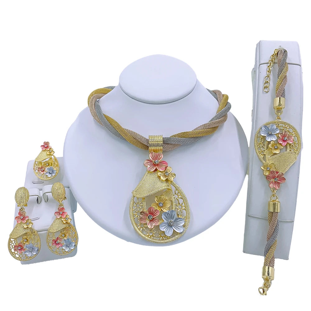 African Necklace Earrings Dubai Gold Color Jewelry Set for Women Wedding Bridal Travel Party Bracelet Ring Pendant Jewelry Flower jewelry Resizable 45cm | Clear