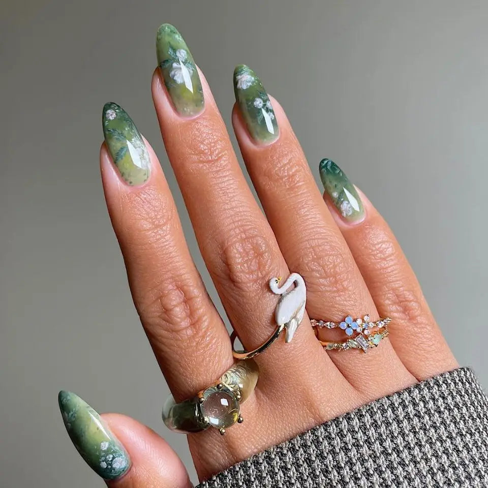 24Pcs Mid-length Almond Fake Nail with Blue Stripe Smudge Design Press on Nails for Woman Datachable Full Cover False Nails Tips