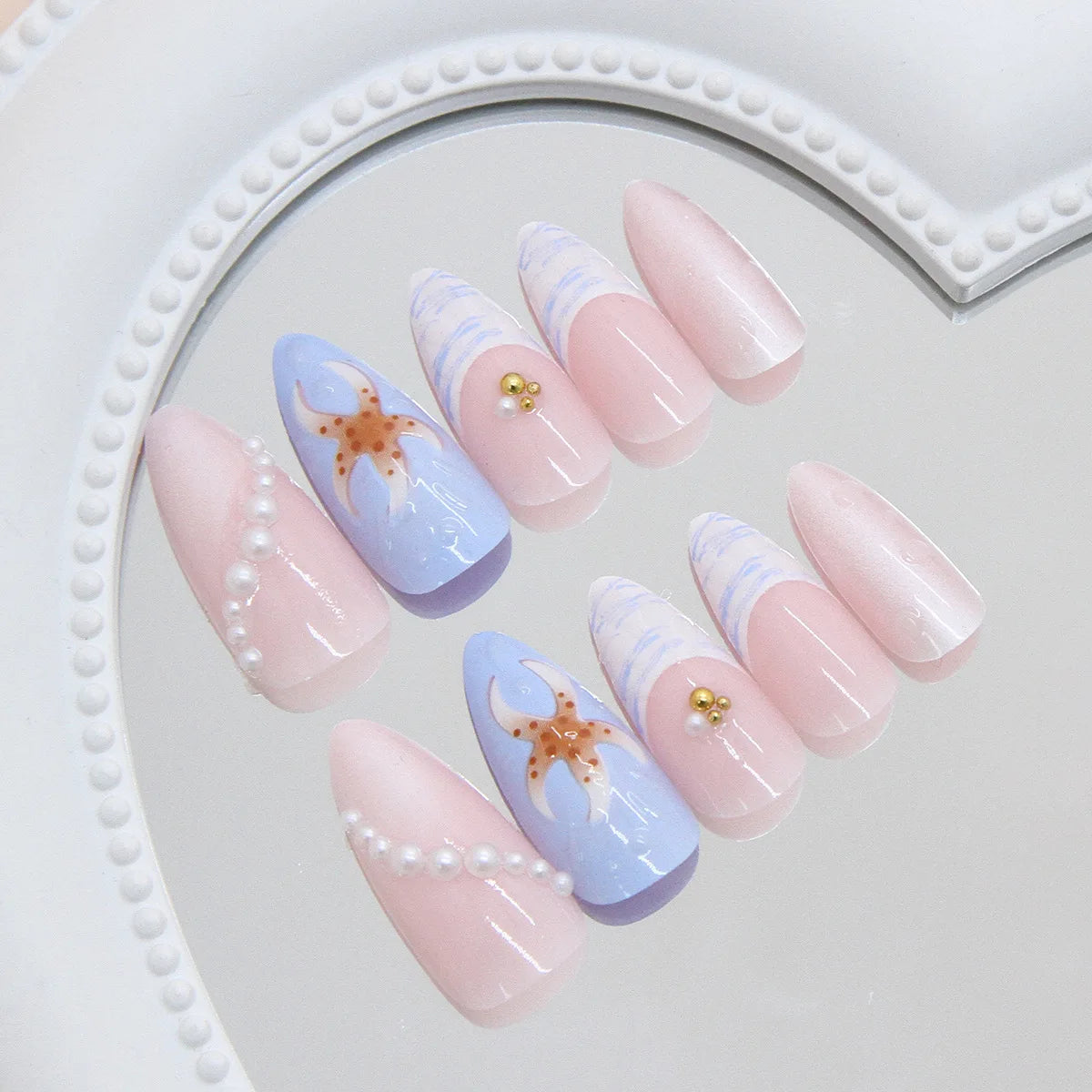 24pcs Dark Blue Press on Nails Starnight Swan Print Sweet Cool False Nails for Girl Wearable Reusable Almond Fake Nail Tips