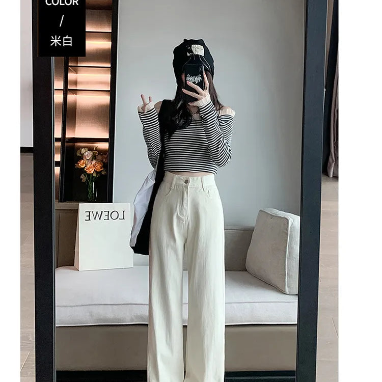 Women's High Waist Wide Leg Jeans Summer Thin Vintage Straight Leg Pants Fashionable Floor Mopping Jeans Off white