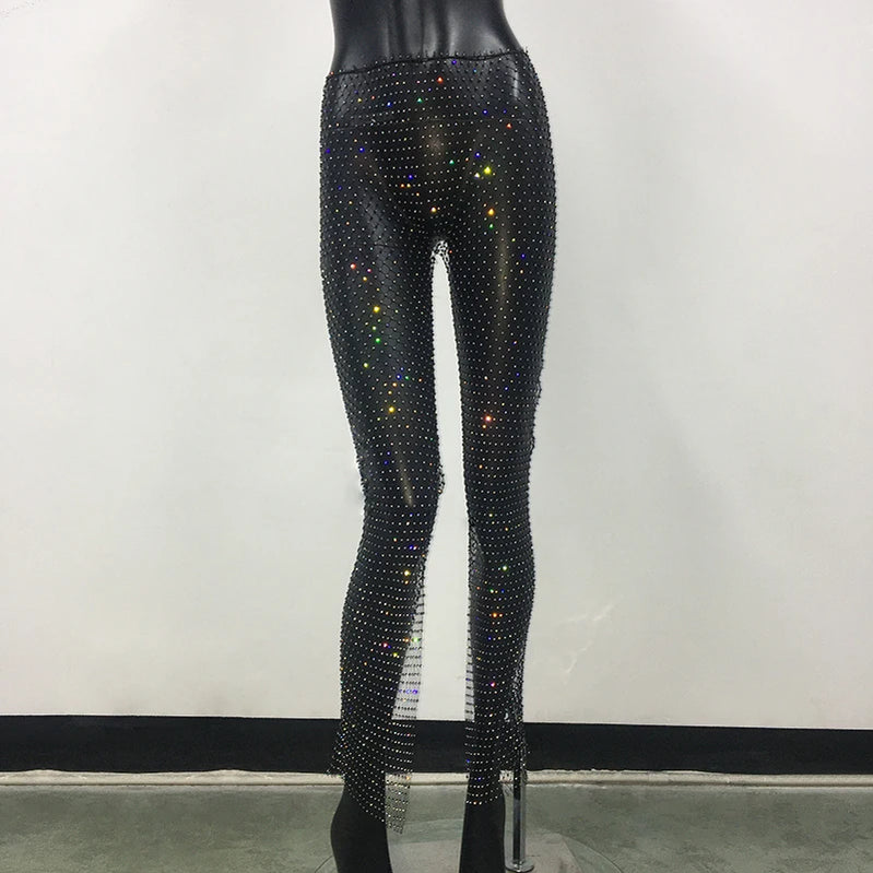 Bling Rhinestone See Through Fishnet Trousers For Women Sexy Mesh Hollow Out Side Split Long Bottoms Pants Club Party Trousers Black One Size