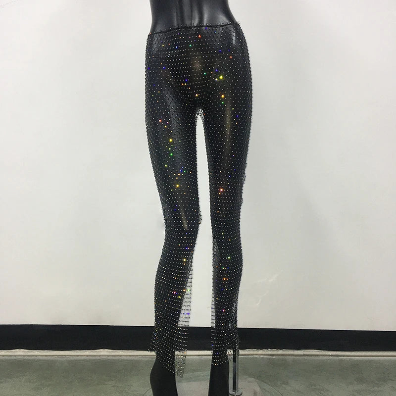 Bling Rhinestone See Through Fishnet Trousers For Women Sexy Mesh Hollow Out Side Split Long Bottoms Pants Club Party Trousers Black One Size