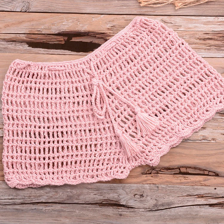 Crochet Hollow Out Tassel Beach Cover Up Sexy Women Mini Tops Beachwear Bikini Swimwear Bathing Suit Cover Up Pink Bottom One Size