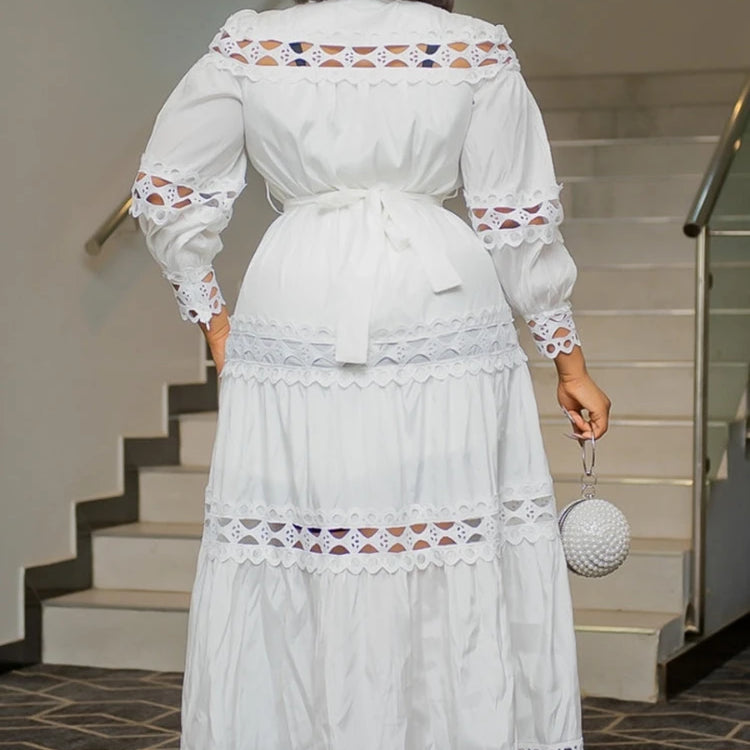 Elegant Women Hollow Out Lace Splice Mock Neck Lantern Long Sleeve Midi Dress with Belt Casual Party Club Outfits Plus Size