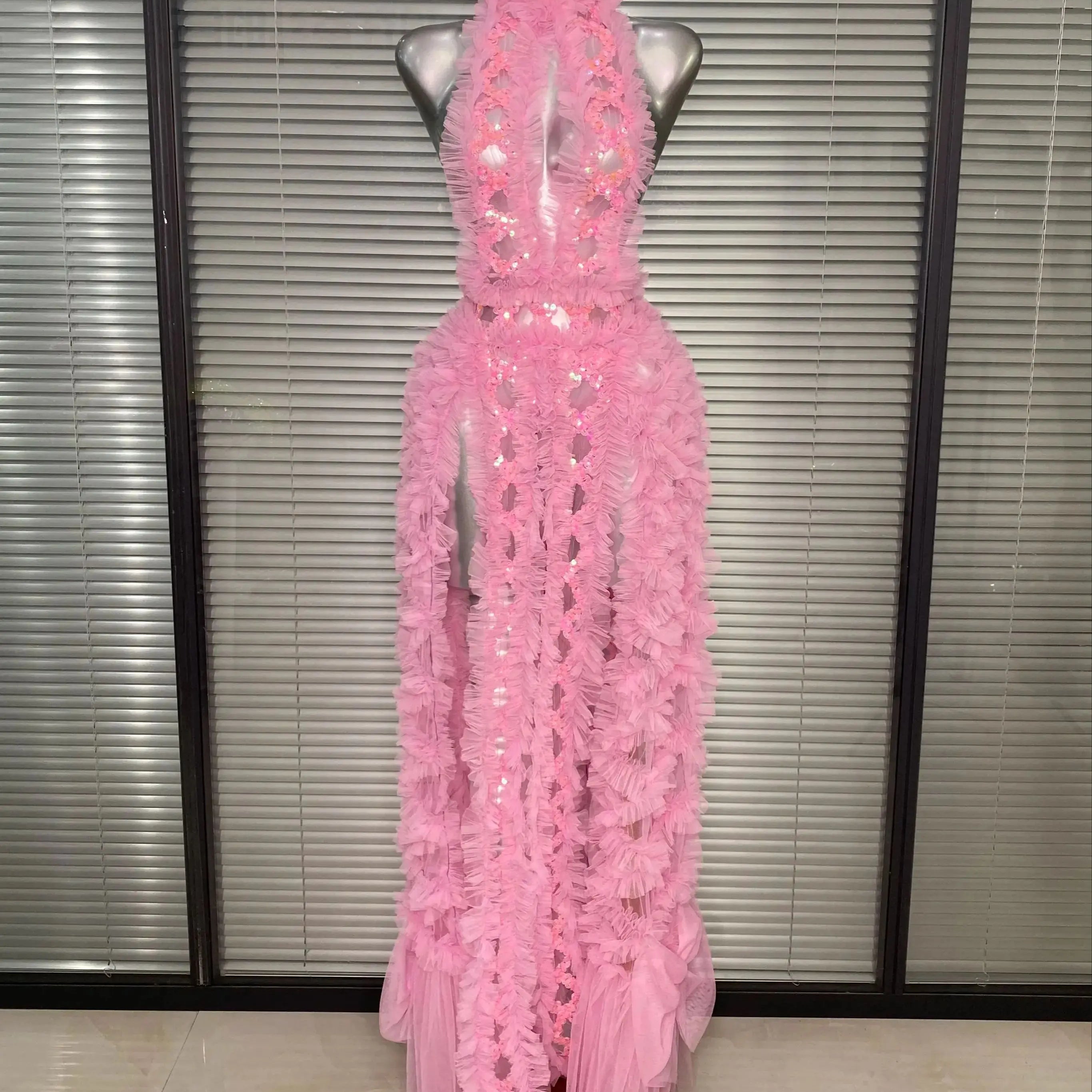 Ins New Women Sexy See Through Sequins Sparkly Red Pink Long Maxi Dress Party Costume Singer Stage Performance Dress