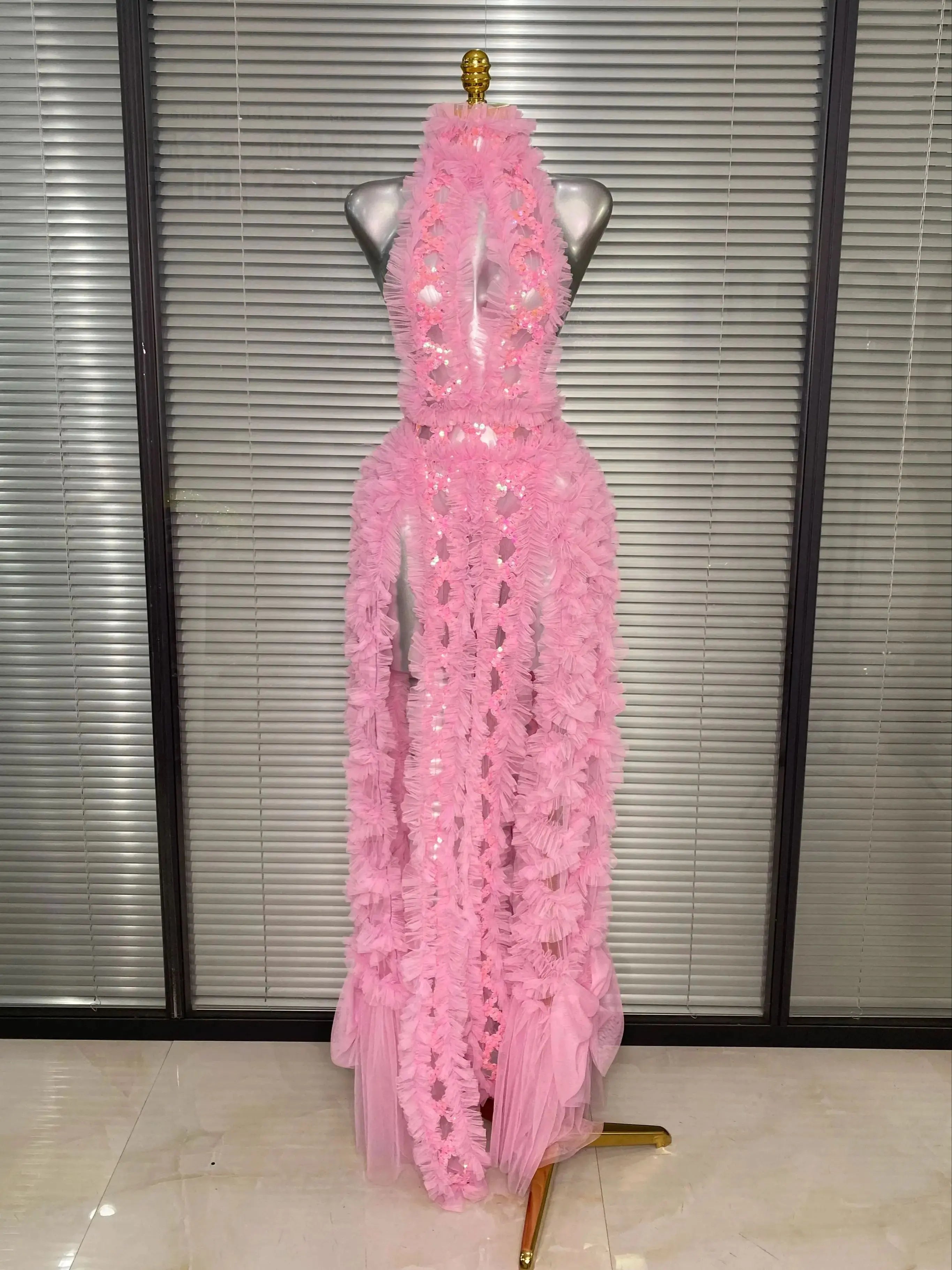 Ins New Women Sexy See Through Sequins Sparkly Red Pink Long Maxi Dress Party Costume Singer Stage Performance Dress