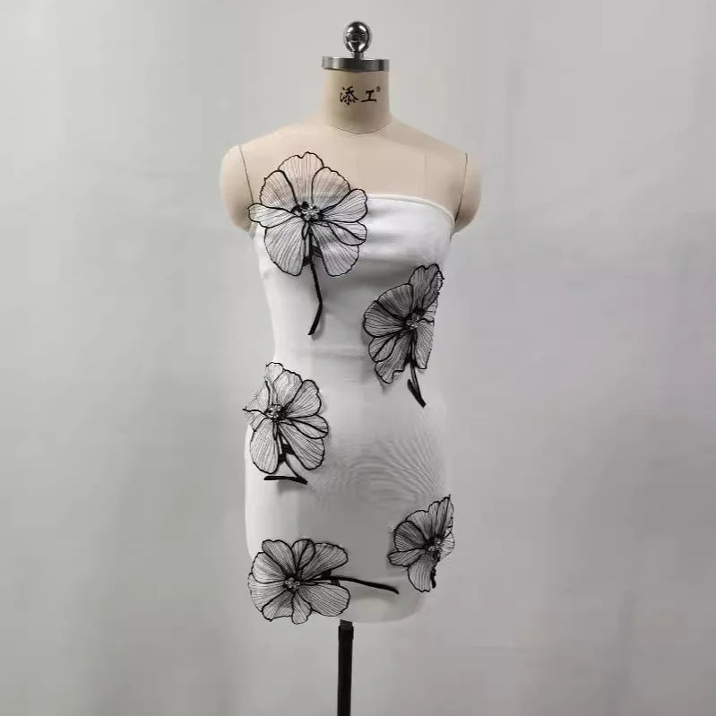Women Sexy Strapless Bodycon Mini Bandage Dress Black Florals Celebrate Evening Party Birthday Cocktail Dress