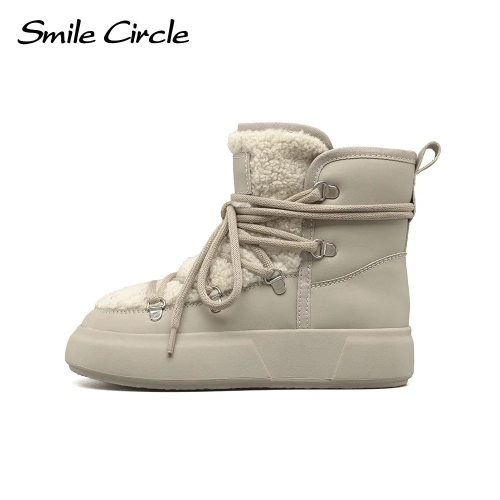 Smile Circle Snow Boots Women Winter Warm Plush Ankle Boots Trendy Platform Casual Shoes Beige