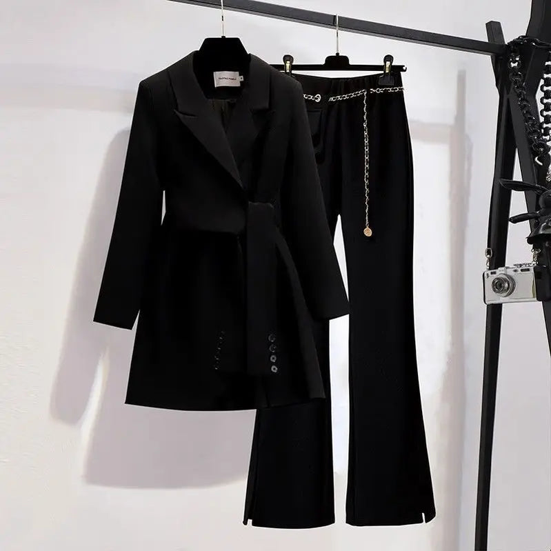 2023 Spring New Lace-up Pleated Suit Dress Jacket Blazer Chain Pants Two-piece Elegant Women's Pants Suit Office Outfits Black suit