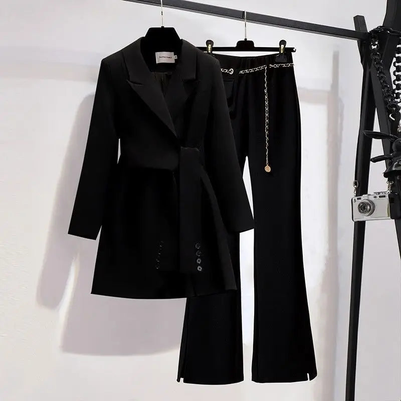 2023 Spring New Lace-up Pleated Suit Dress Jacket Blazer Chain Pants Two-piece Elegant Women's Pants Suit Office Outfits Black suit