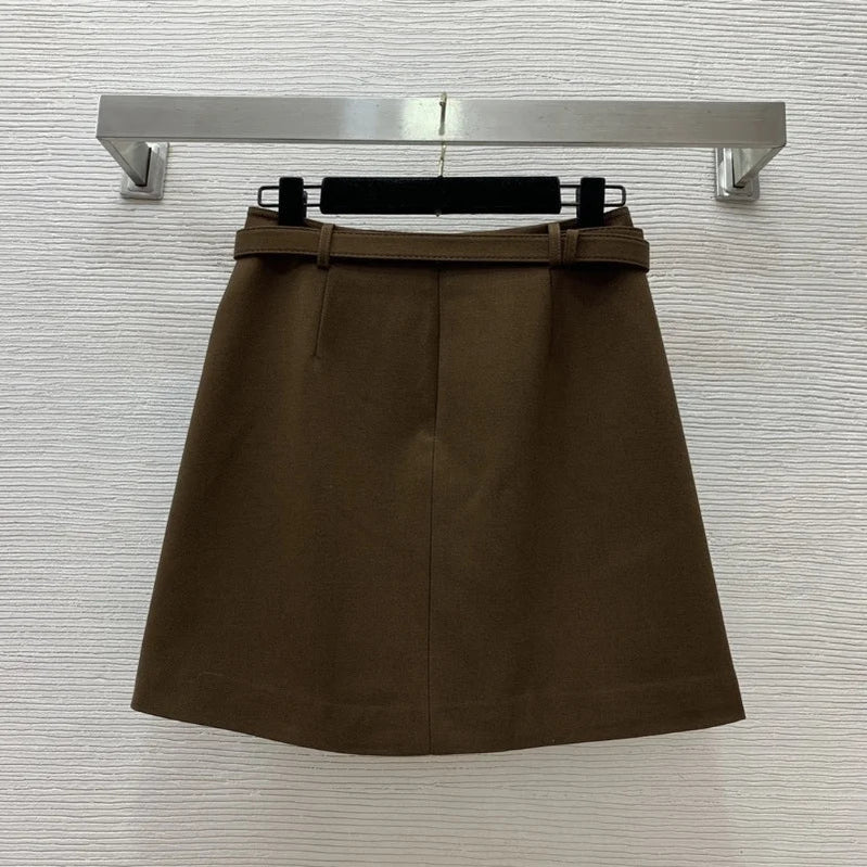 autumn and winter high waist slimming metal buckle leather belt wool temperament elegant versatile half skirt Brown