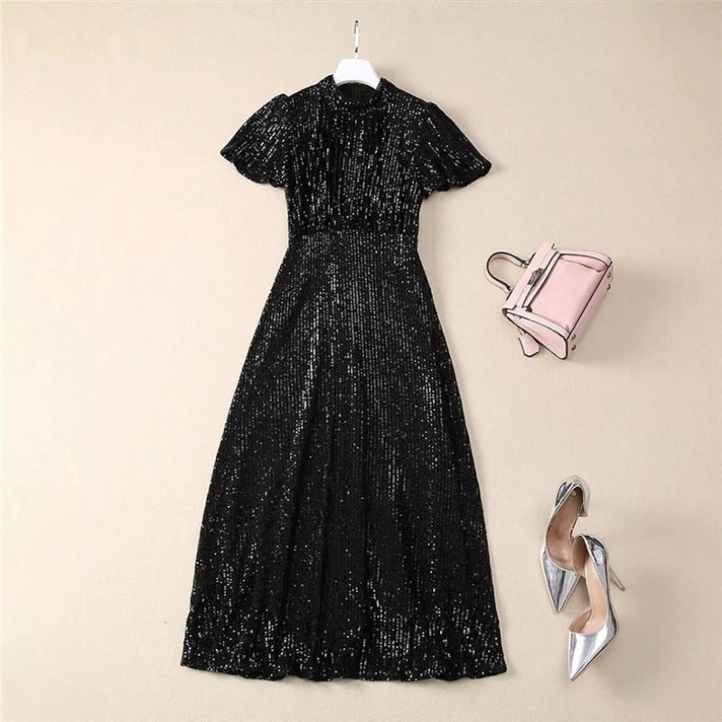 TWOTWINSTYLE Solid Spliced Sequins Fashion Dresses for Women Round Neck Short Sleeves Patchwork Folds Elegant Dress Female New