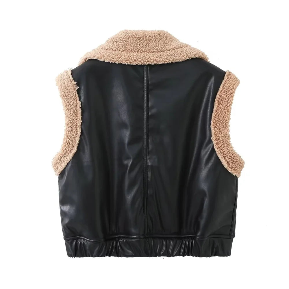 Winter Women's Fashion European and American Style Versatile Shirt Collar Sleeveless Short Double sided Pilot V