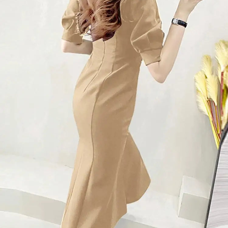 Elegant Party Midi Sundress Sexy Square Collar Holiday Short Puff Sleeve Mermaid Dresses Women Fashion Waisted Long Robe