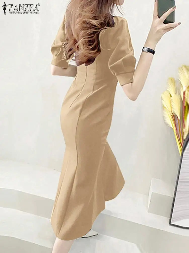 Elegant Party Midi Sundress Sexy Square Collar Holiday Short Puff Sleeve Mermaid Dresses Women Fashion Waisted Long Robe