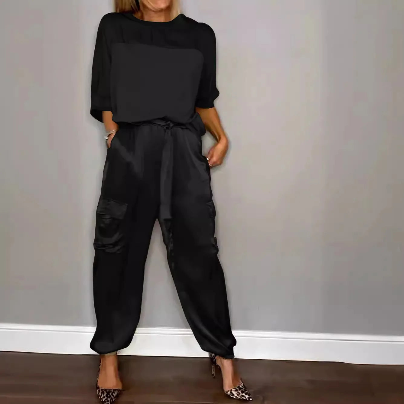 Fashion Solid Color Satin Two Piece Set Women Round Neck New Spring Summer Top Long Pants Casual Loose Two Piece Set Black
