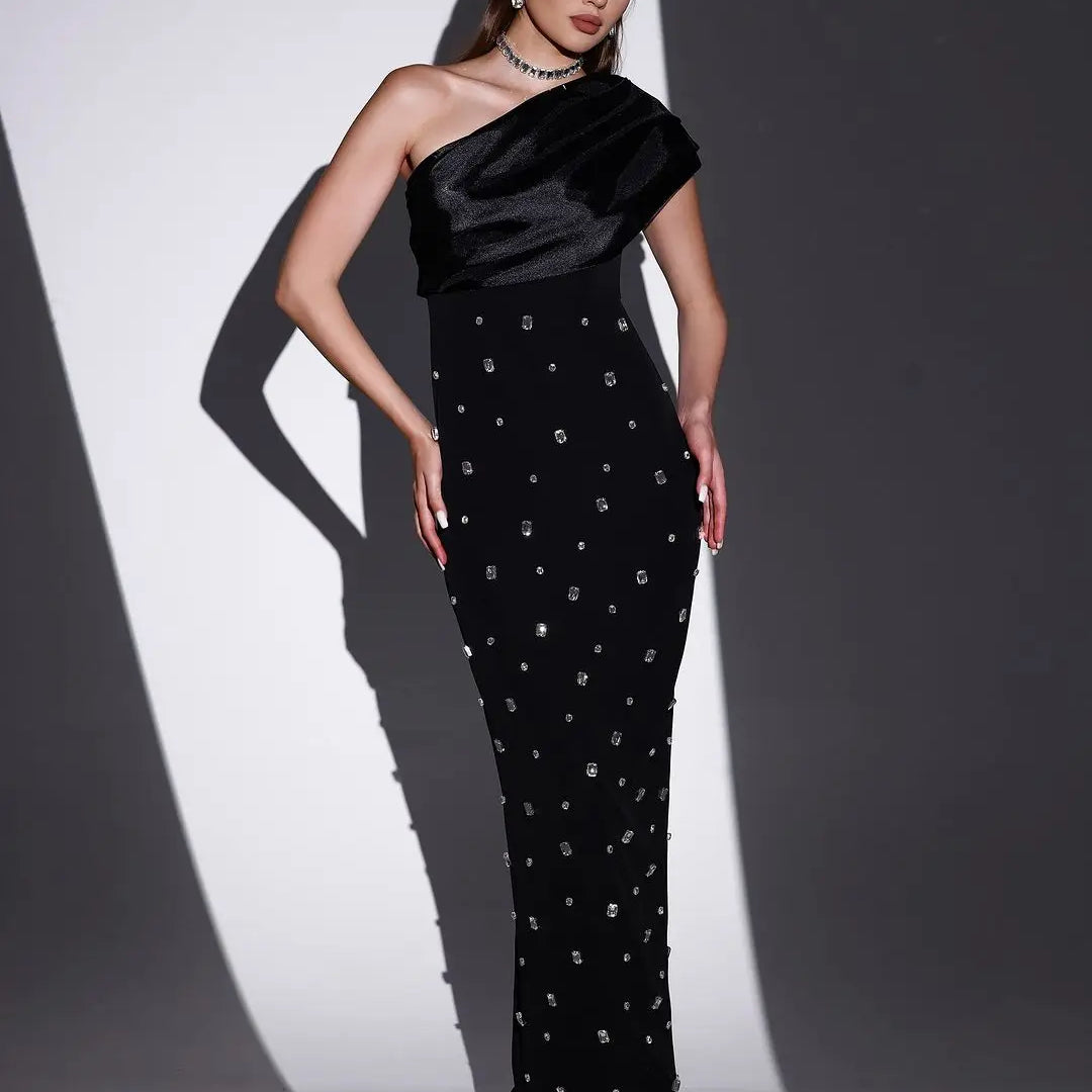 Rosered Black Color Women Sexy One Shoulder Shinning Crystal Bodycon Bandage Long Dress Celebrate Fashion Evening Party Outfit