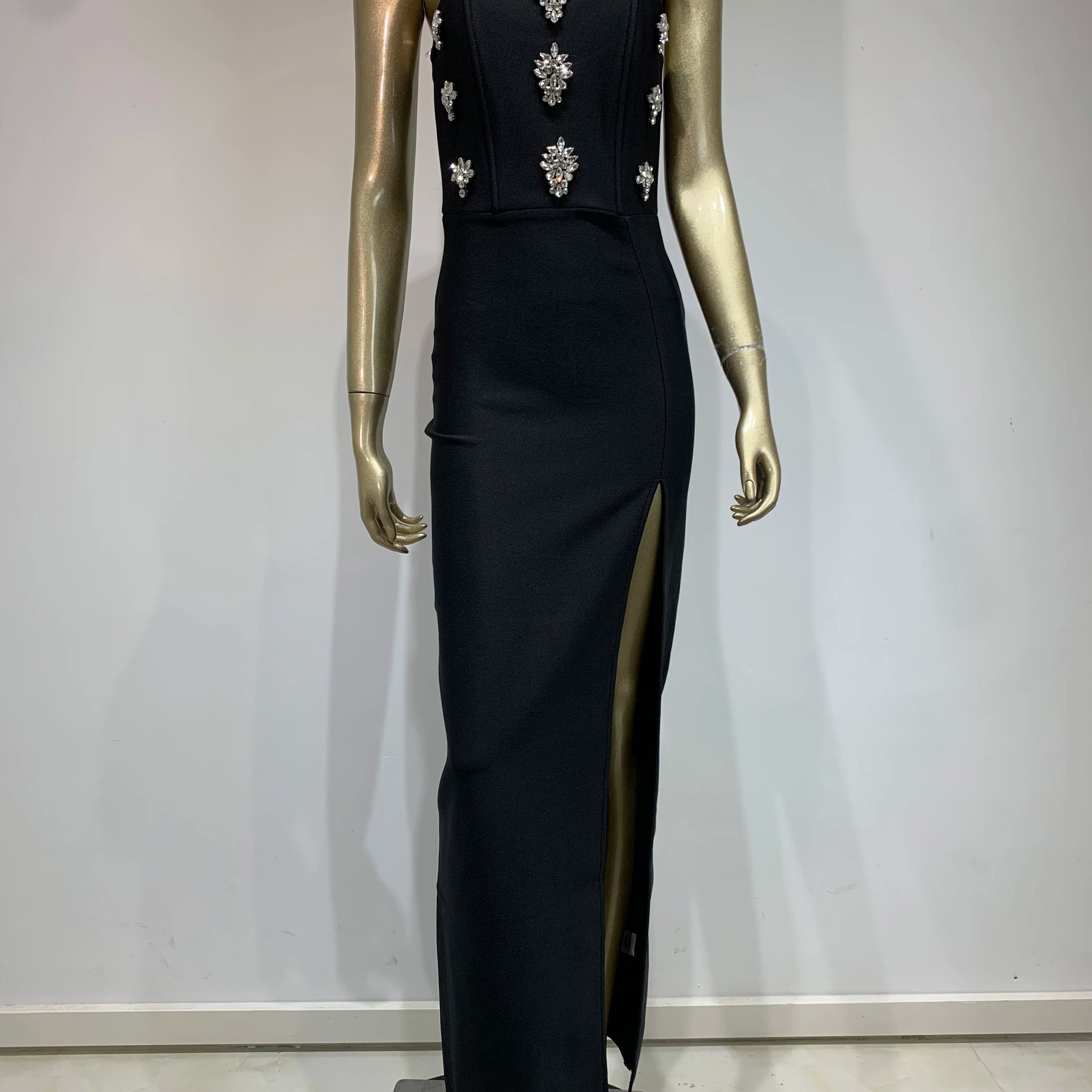 Women Celebrity Sexy Strapless Backless Diamonds Black Maxi Long Bodycon Bandage Dress 2024 Elegant Evening Club Party Outfit