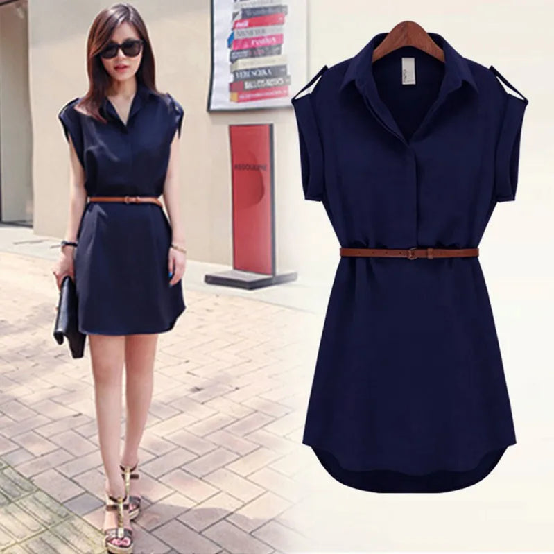 Women Dress A-Line Chiffon Casual Fashion Short Sleeve OL Dress With Belt Dresses