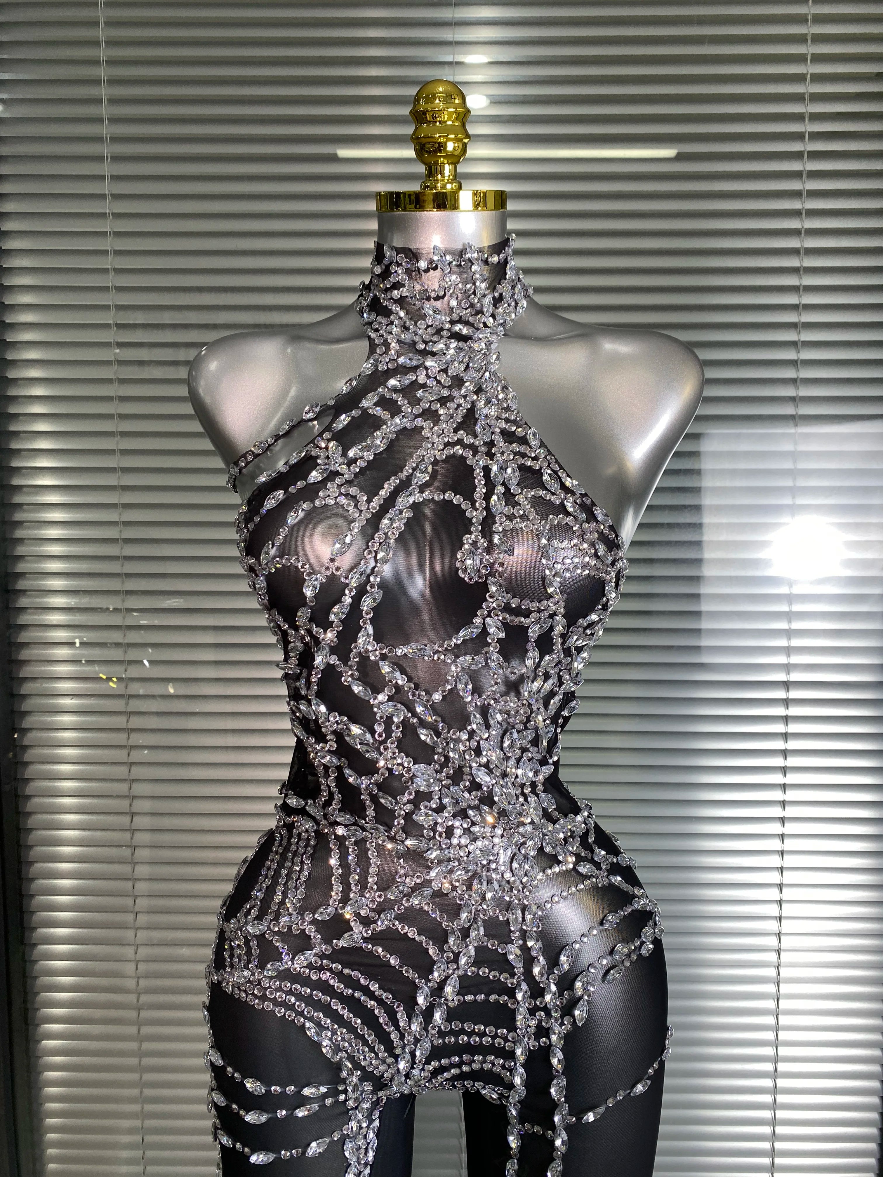 Women Sexy Black Nude Crystal Jumpsuit Celebrity Designer Stretchy Mesh See Through Singer Dancer Stage Night Club Rompers