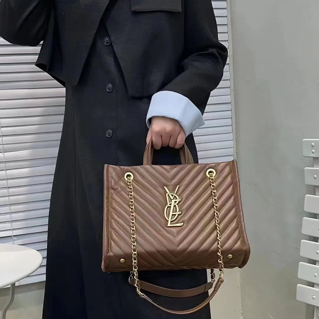 2026 New Women Genuine Leather Quilted Chain Tote Bag, Large Capacity Crossbody Sling Chic Shoulder Purse for Work and Travel