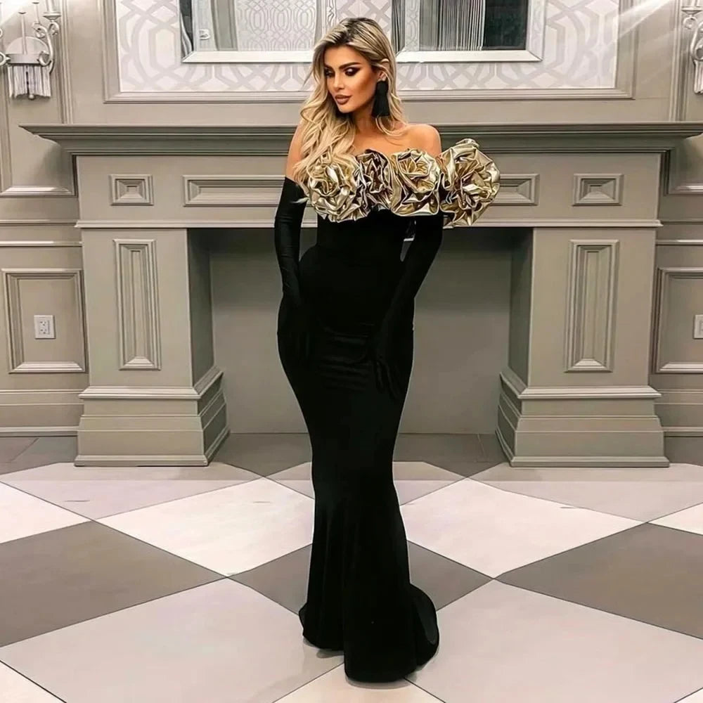 Stereoscopic Gloden Flowers Sexy One Shoulder Ankle Lenght Bandage Dress Woman Birthday Party Vestido Celebrity Party Outfit