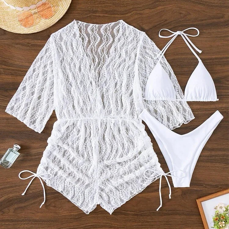 3 Pieces Bikini Tropical Print Swimsuit Halter Drawstring Side Swimwear Women 2023 Bathing Suit Female Swimming Summer Beachwear White 1