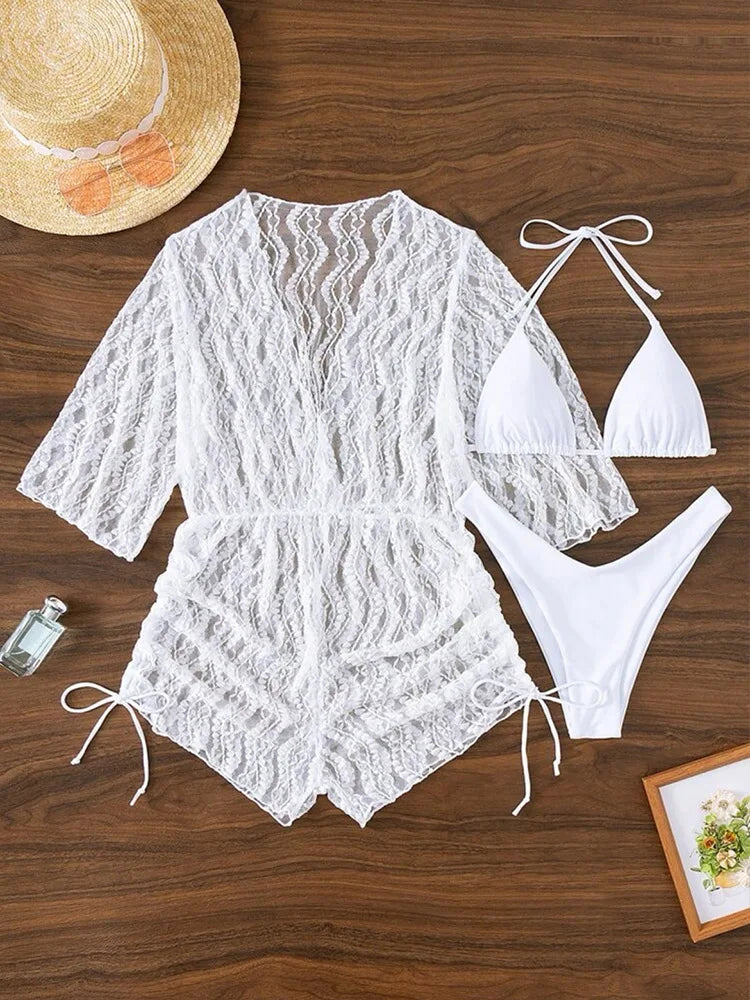 3 Pieces Bikini Tropical Print Swimsuit Halter Drawstring Side Swimwear Women 2023 Bathing Suit Female Swimming Summer Beachwear White 1