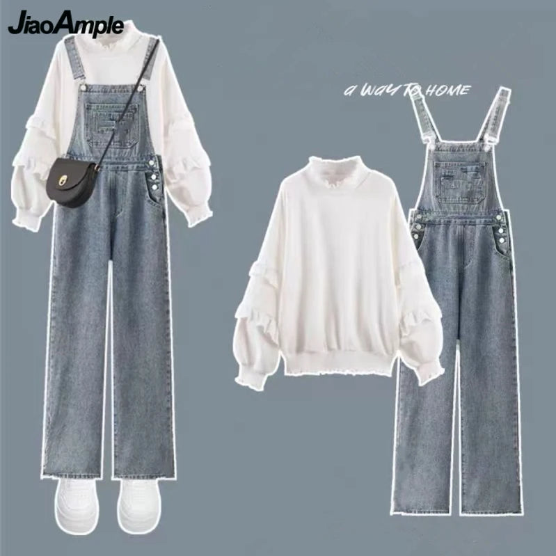 Donne Preppy Style Spring Autumn Felpa per le tute pantaloni in denim 1 o 2 pezzi set coreano Lady Daily Ruffle Tops Outfit jeans