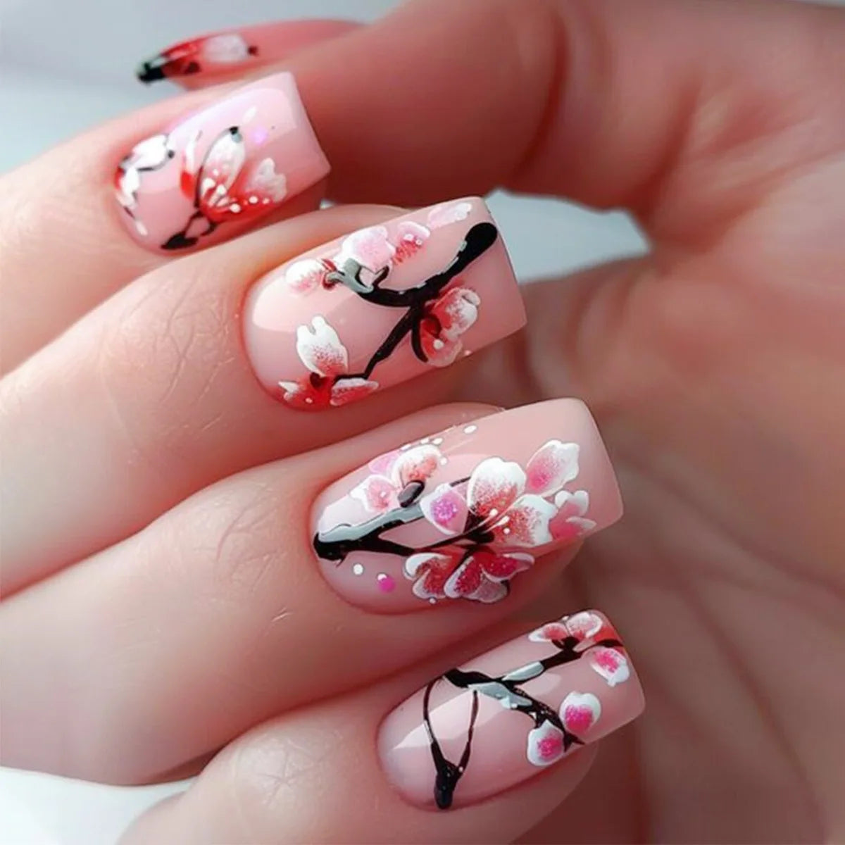 24pcs/set medium long fake nails for Spring summer season beautiful peach flowers butterfly design press on false nail art tips