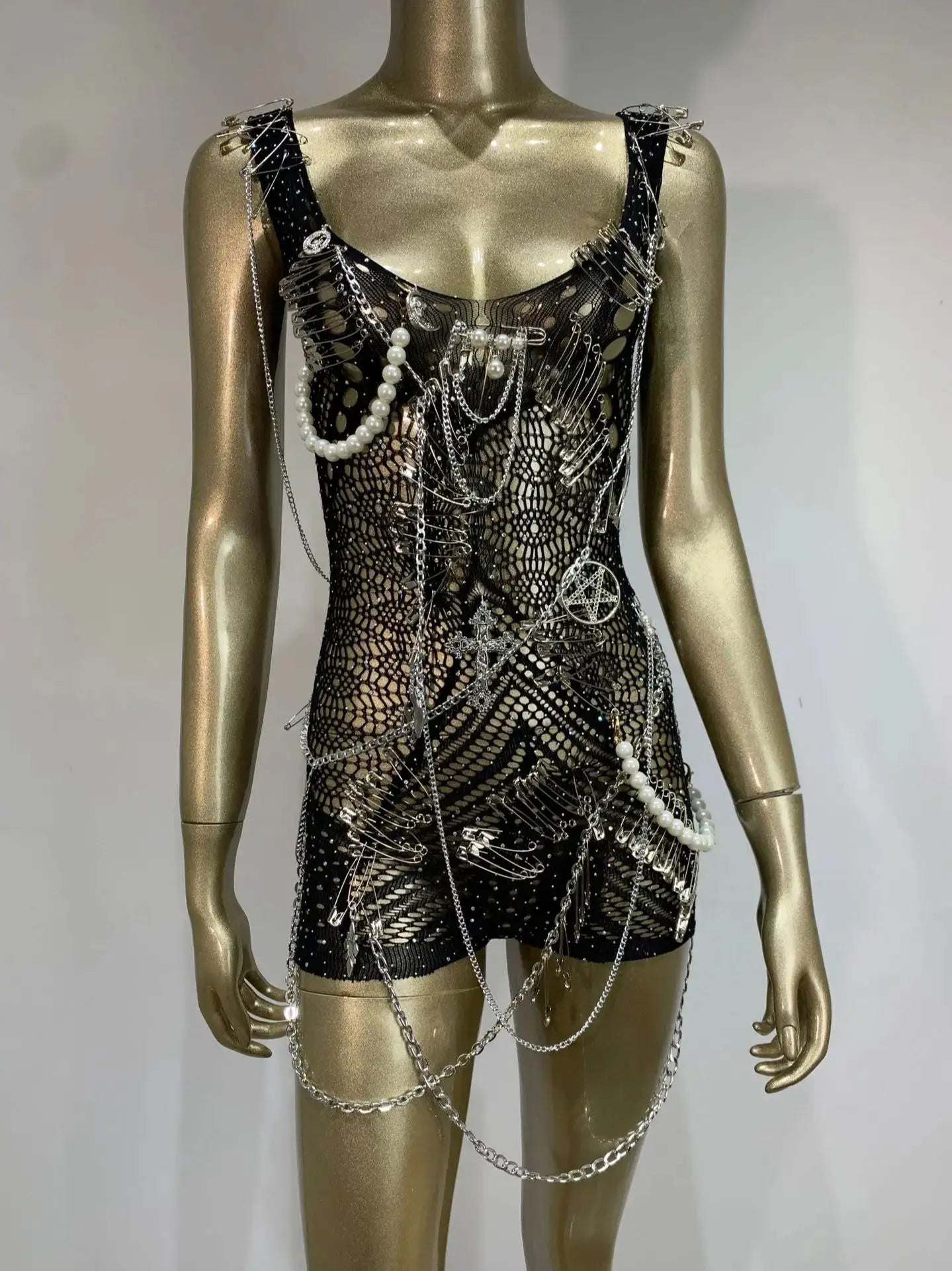 Stock Women Luxury Sexy Tank U Neck Chain Pin Decoration Playsuit Birthday Party Costume Bar Nightclub Stage Performance Outfit