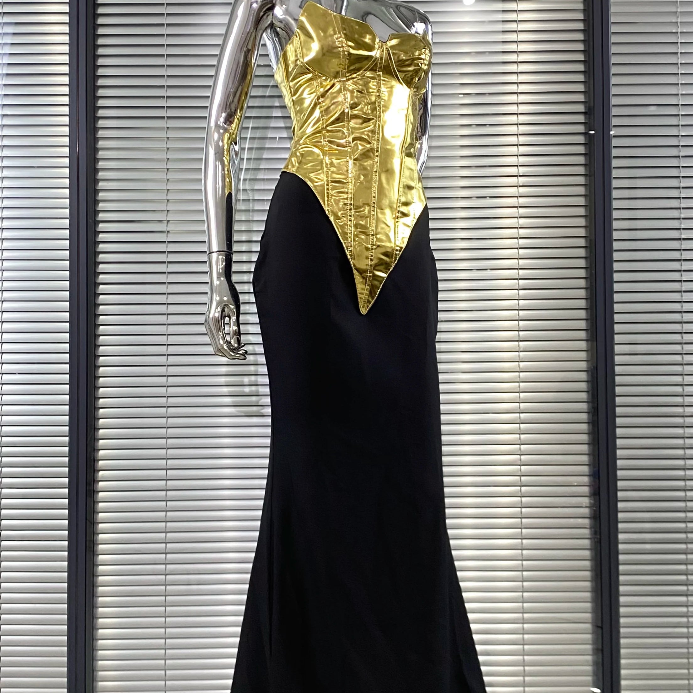 High Quality Women Sexy Gold Laced-up Tops Long Maxi Skirt Set Celebrate Evening Party Nightclub Fashion Cocktail Outfit Dress