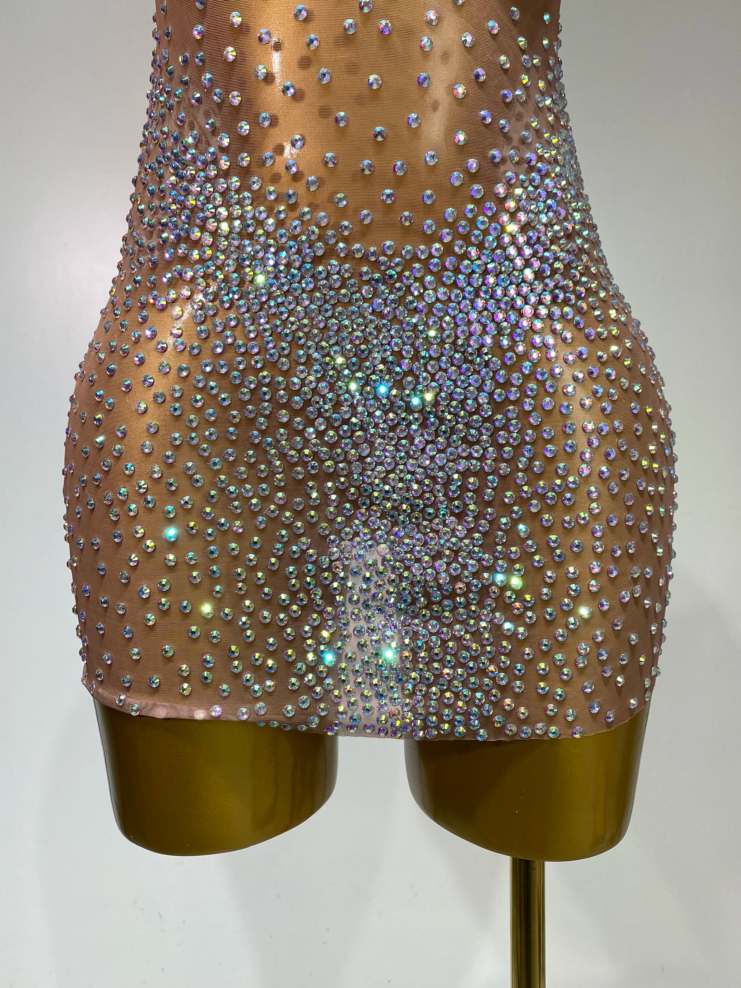 Sparkly Rhinestones Women Sexy One Shoulder Bodycon Mini Dress Mesh See Through Celebrate Nightclub Party Birthday Stage Outfit