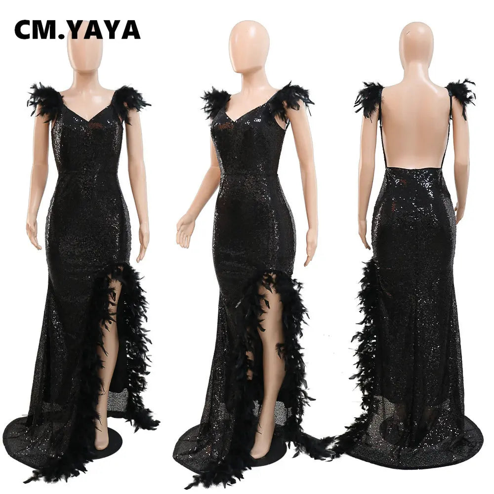 CM.YAYA Women Sequined Spaghetti Strap Feather Hem High Side Slit Mermaid Trumpet Bodycon Midi Evening Sexy Party Maxi Dresses