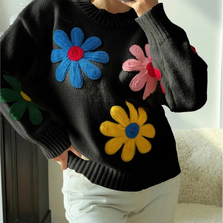Vintage Flower Embroidery Sweater Women Loose Long Sleeve O-neck Knitted Pullover Autumn Female Thick Casual Streetwear