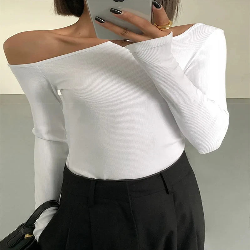 Fashion Skew Collar Off-shoulder Long-sleeved T-shirts Women Spring New Solid Slim Fit Crop Top Sexy Hollow Out Tees Shirts WHITE