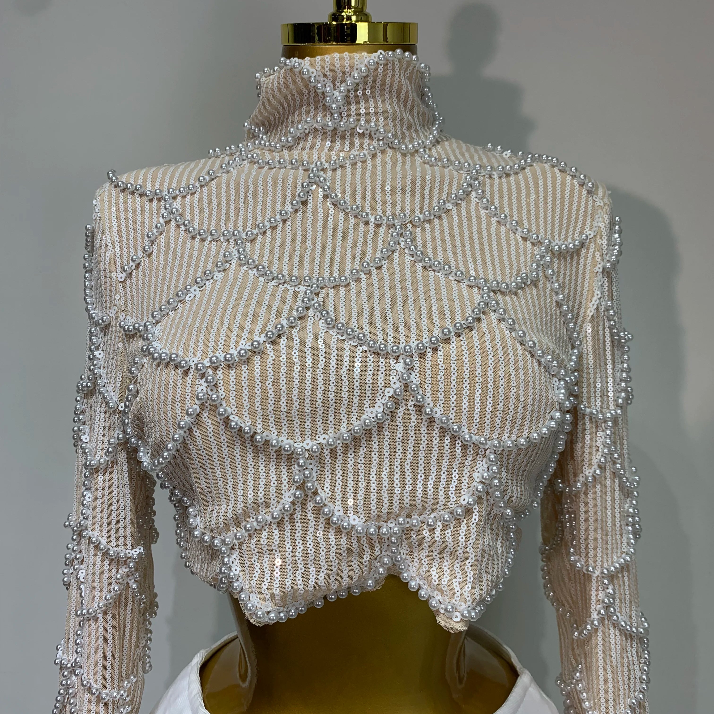 Women Long Sleeve Sexy Beading Tops Two Pieces Set Bodycon Long Bandage Dress Luxury Birthday Evening Party Wedding Guest Gowns