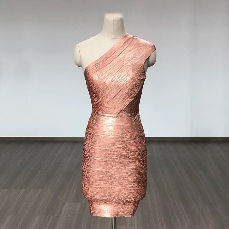 Novo vestido curto bandagem colado ao corpo, cor rosa, sensual, de um ombro, para festa de aniversário, coquetel