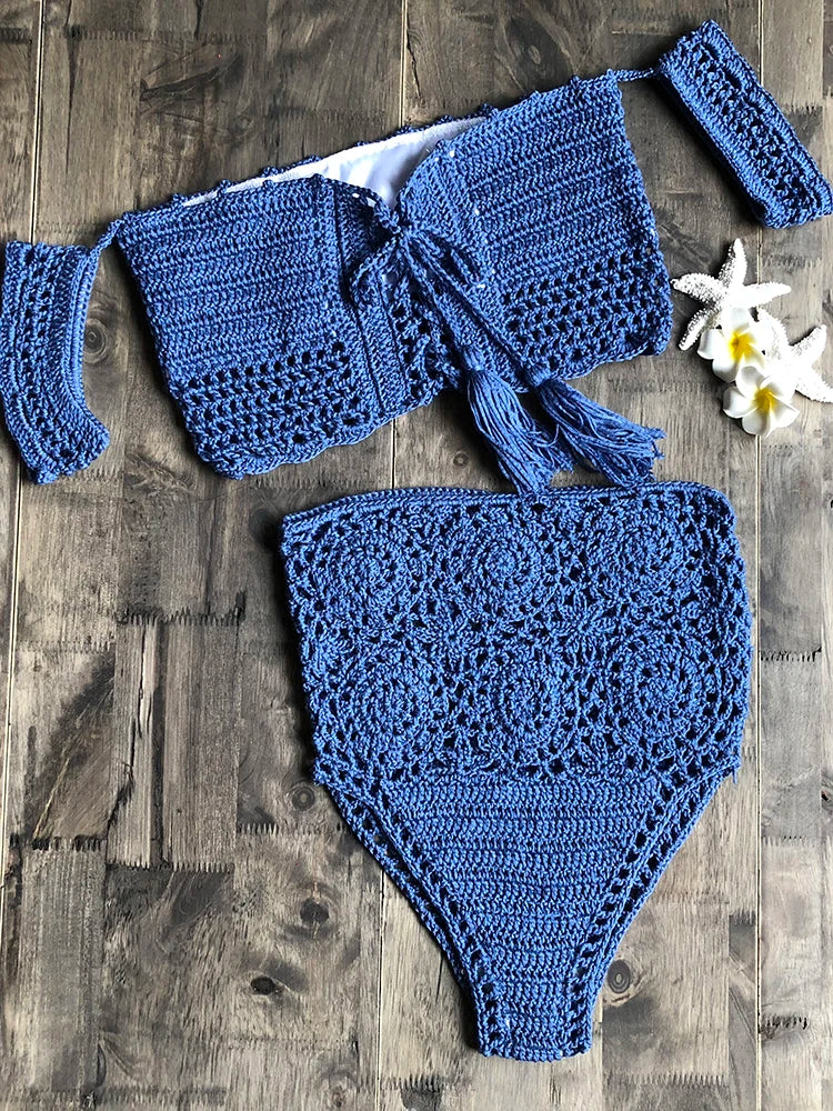 Crochet High Leg Bandeau Bikini Set Swimwear Female Two Pieces Swimsuit High Waist Bikini Women Bathing Suit Biquini 2019 New Blue